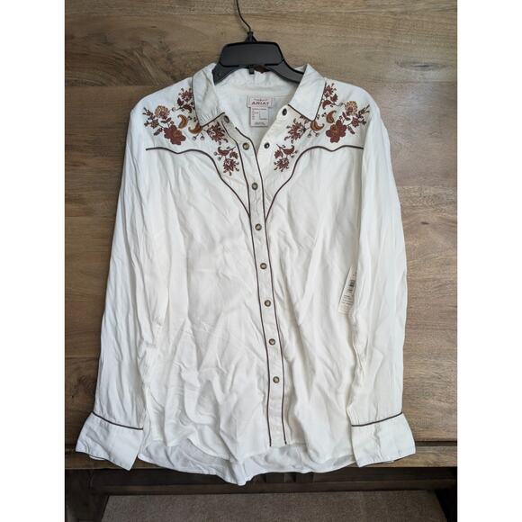 Ariat Tops - Ariat Shirt Womens Large White Embroidered Floral Elsa Long Sleeve Pearl Snap